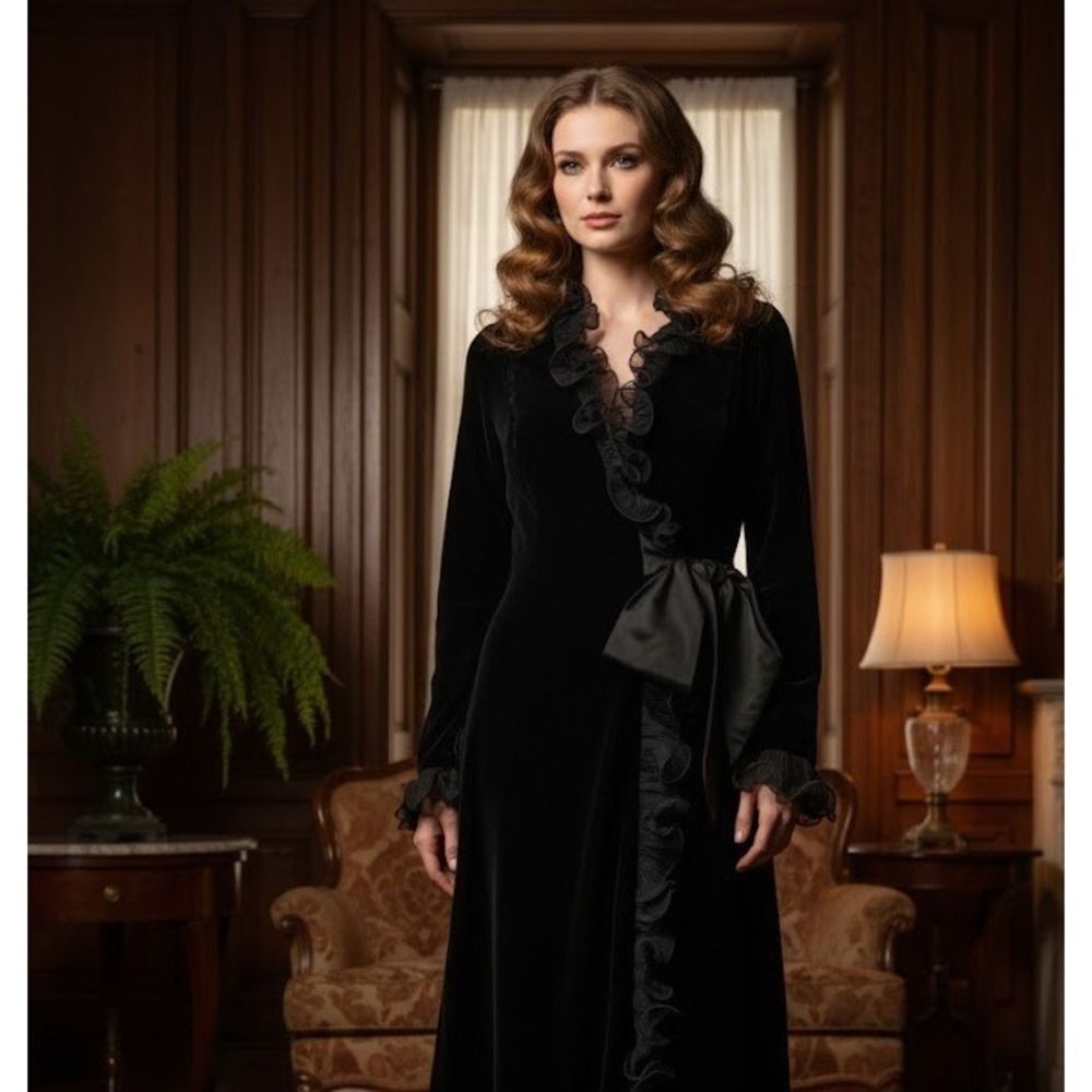 Miss Elliette Midi Dress Black Vintage 1960 Velvet Ruffle Trim  Robe Holiday S
